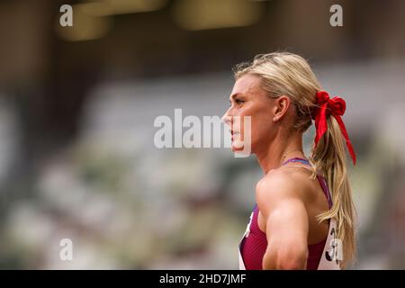 Annie Kunz participant au saut en hauteur de l'heptathlon aux Jeux Olympiques de Tokyo en 2020. Banque D'Images