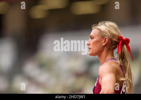 Annie Kunz participant au saut en hauteur de l'heptathlon aux Jeux Olympiques de Tokyo en 2020. Banque D'Images