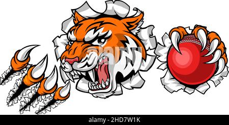 Joueur de Cricket Sports Tiger animal mascotte Illustration de Vecteur