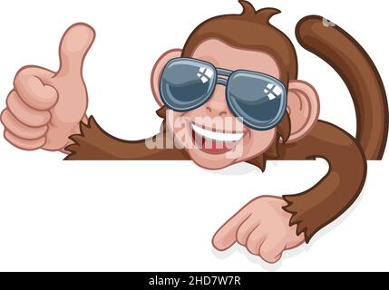 Thumbs Up Lunettes singe signe Pointage Cartoon Illustration de Vecteur