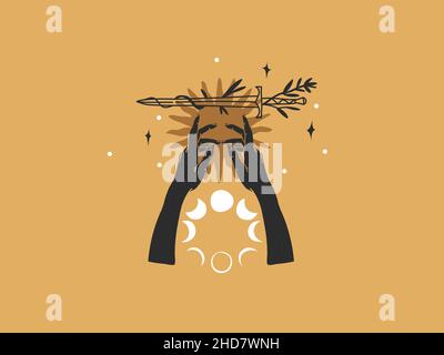 Dessin à la main vecteur résumé stock plat illustration graphique avec éléments de logo, épée, main humaine, fleurs et soleil, ligne magique art de lune dans le style simple Illustration de Vecteur