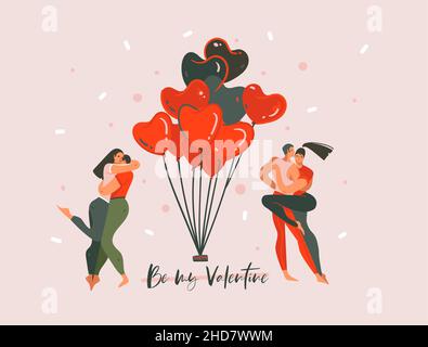 Dessin à la main vecteur abstrait dessin animé moderne graphique Happy Valentines concept illustrations carte d'art avec couple dansant les gens ensemble et être moi Illustration de Vecteur