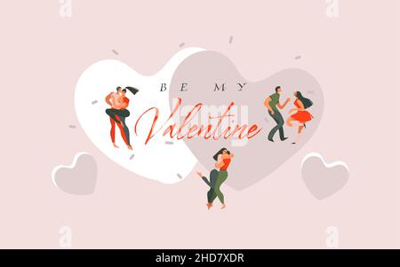Dessin à la main vecteur abstrait dessin animé moderne graphique Happy Valentines Day concept illustrations carte d'art avec des couples dansants personnes isolées dessus Illustration de Vecteur