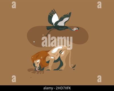 Dessin à la main vecteur abstrait caricature moderne graphique African Safari nature concept collage illustrations carte d'art avec lion, oiseau de grue et paume tropicale Illustration de Vecteur