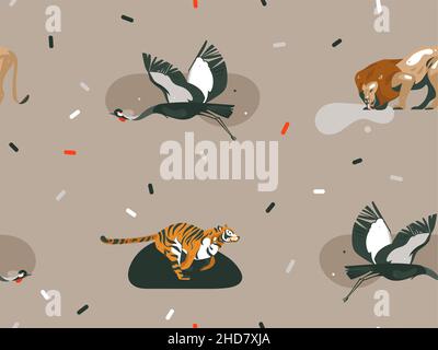 Dessin à la main vecteur abstrait caricature moderne graphique African Safari nature illustrations art collage sans couture motif avec tigres, lion, grue oiseau Illustration de Vecteur