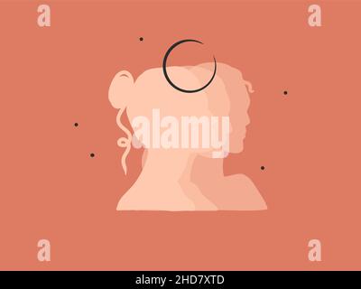 Dessin à la main vecteur résumé stock plat graphique illustration avec élément de logo, bohème magie art de croissant, femme silhouettes et étoiles en simple Illustration de Vecteur