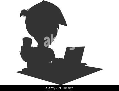 Un homme de dessin animé assis sur un bureau travaillant sur un ordinateur portable et tenant le café en main, travail de bureau, travail de la maison Illustration de Vecteur