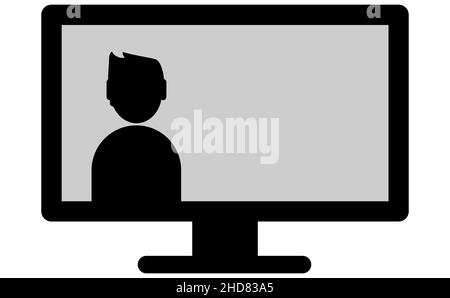 Silhouette noire d'un homme sur l'ordinateur, appel vidéo, réunion, illustration vectorielle, moniteur,webinaire Illustration de Vecteur