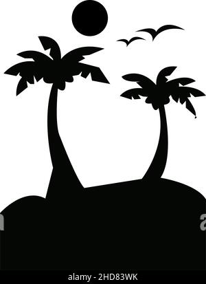 Silhouette de Black Island avec oiseaux et soleil, logo vacances d'été, logo palmiers Illustration de Vecteur
