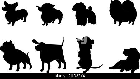 Ensemble de chiens silhouettes noires, silhouette de chien debout et de marche Illustration de Vecteur