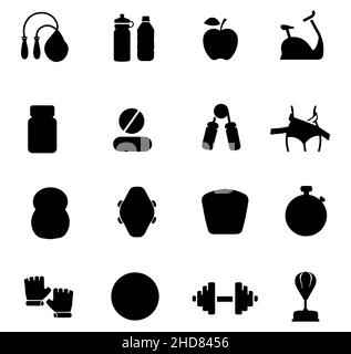 Articles de sport et de gym. Icônes d'objets sportifs. Icônes pleines. Silhouettes d'appareils de fitness Illustration de Vecteur