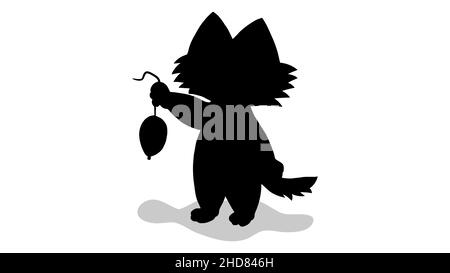 Silhouette noire d'un chat tenant un rat debout à la main. Le chat a un rat. Chatte et souris drôles. Style de dessin animé Illustration de Vecteur