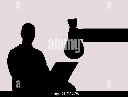 Un travailleur indépendant qui fait son travail sur un ordinateur portable ou un ordinateur recevant de l'argent, donnant de l'argent à la main, travaillant à domicile, Freelance, Silhouette Illustration de Vecteur