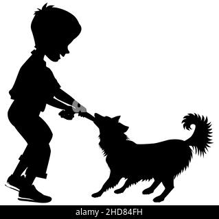 Silhouette vectorielle d'un garçon sur fond blanc, illustration d'un petit enfant jouant de la corde avec un chien Illustration de Vecteur