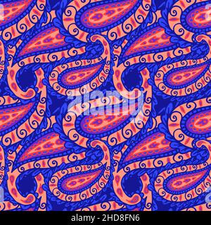 Motif brillant sans couture avec décoration cachemire.Bleu, rouge, violet.Fond floral vintage.Motifs cachemire motif vectoriel sans couture. Illustration de Vecteur