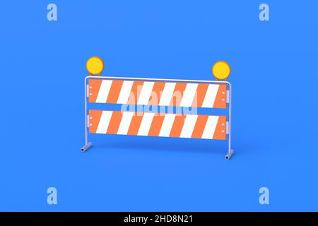 Barrière rayée, barre de suspension avec lampes jaunes sur fond bleu.Concept de réparation routière.Pas d'entrée, zone morte dangereuse.Restriction, blocage de moveme Banque D'Images