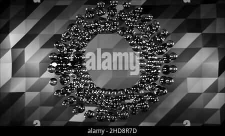 Ballons métalliques abstraits se déplaçant dans un cercle sur fond géométrique gris, monochrome.Cercle rotatif de sphères metall, boucle sans couture Banque D'Images