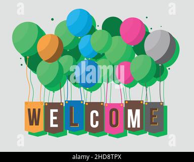joyeux cadeau de bienvenue ou carte d'anniversaire avec ballons, bannière, poster. Illustration de Vecteur