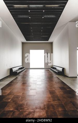 Plan vertical d'un couloir minimaliste vide d'un bâtiment avec des carreaux de sol bruns et noir ainsi Banque D'Images