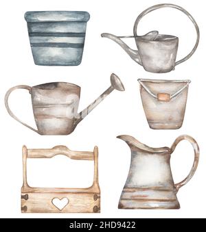 Aquarelle dessin à la main Jardinage Clipart, Garden Scene Creator, outils clip art, vieux pot en métal, seau,Arrosoir, pot, éléments rustiques de ferme, sc Banque D'Images