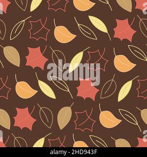 Motif sans couture avec feuilles d'automne sur fond marron foncé. Illustration de Vecteur