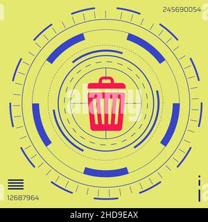 Cible bleu tech visant une icône de corbeille.Représentant une menace pour l'environnement et le nettoyage urbain.Arrière-plan jaune. Illustration de Vecteur