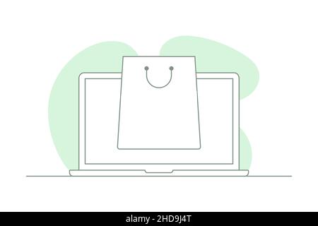 Achats en ligne.Ordinateur portable avec sac à provisions Illustration de Vecteur