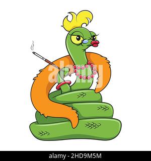 Illustration avec un serpent de dessin animé avec une cigarette dans un embout buccal et une cape à fourrure.Objet vectoriel de couleur isolé sur fond blanc. Illustration de Vecteur