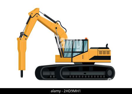 Arrière-plan avec pelle hydraulique à marteau jaune machines lourdes pour travaux de construction et d'exploitation minière Illustration de Vecteur