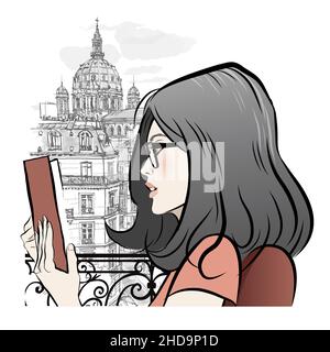 Femme lisant un livre à la maison sur une terrasse à Paris - Loisirs, littérature, concept culturel - Illustration vectorielle Illustration de Vecteur