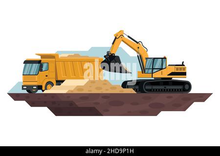 excavatrice sur chenilles remplissant un camion-benne dans une construction et une exploitation minière avec des machines lourdes 3d Illustration de Vecteur