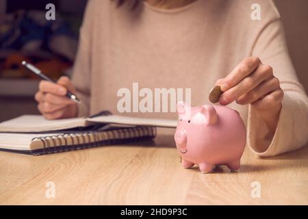 La jeune fille met son épargne dans une banque de porc. Banque D'Images