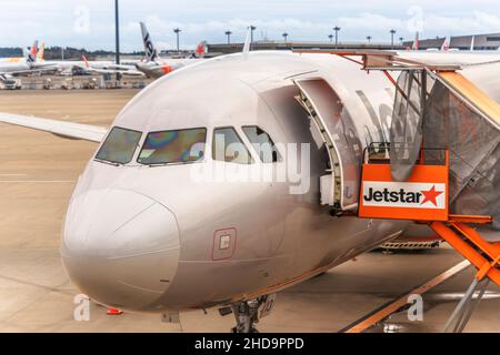 tokyo, japon - décembre 06 2021 : gros plan à la tête d'un avion Airbus provenant de la compagnie aérienne japonaise à bas prix jetstar Airways qui embarque des passagers Banque D'Images