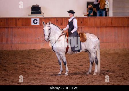 Jeune femme à cheval.Sport équestre - dressage Banque D'Images