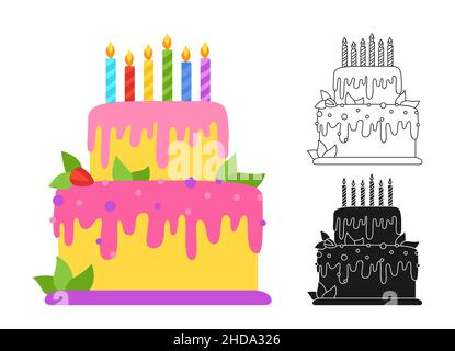 Ensemble de dessin animé ou de timbre pour gâteau d'anniversaire, contour d'assiette.Fête d'anniversaire surprise vacances Célébrez des gâteaux.Motif enfant pour tissu, textile, imprimé taches de pochoir.Invitation design savoureux dessert vector icône Illustration de Vecteur