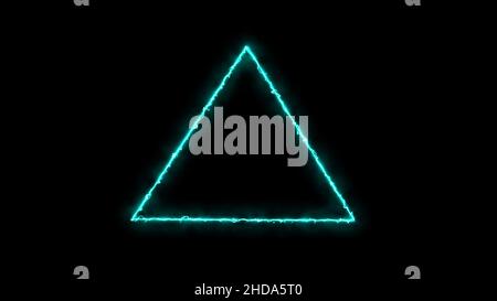 Cadre triangulaire turquoise vide avec bordure électrique lumineuse et flamme brûlante.Un triangle vierge s'allume avec une alimentation électrique autour des feux du châssis Banque D'Images