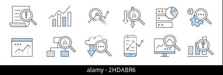 Icônes d'analyse de données, recherche d'informations commerciales, financières ou scientifiques.Ensemble de doodle vectoriel avec cartes, diagrammes sur écran d'ordinateur, loupe, engrenage et document Illustration de Vecteur