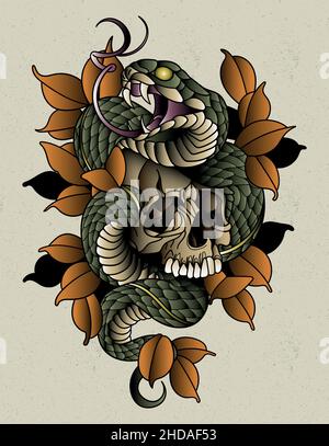 tatouage serpent et crâne dans le style de l'ancienne école Illustration de Vecteur