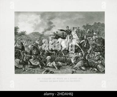 Lithographie d'époque de la guerre franco-prussienne : la bataille de Wörth le 6 août 1870, le maréchal Mac-Mahon se tourne vers la retraite.1872 Banque D'Images