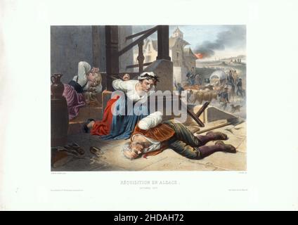 Lithographie anti-prussienne de la guerre franco-prussienne : réquisition en Alsace.1870 Banque D'Images