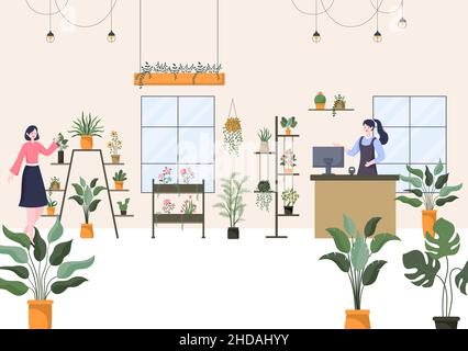 Magasin de fleurs et magasin de plantes avec Florists Care, produits naturels biologiques pour la maison jardin Décoration verte en fond plat Vector Illustration Illustration de Vecteur