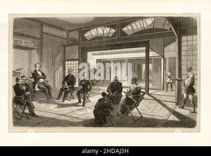 Lithographie antique du Japon du 19th siècle : conférence de Perry avec les Commissaires japonais.1856 expédition du Commodore Perry Banque D'Images