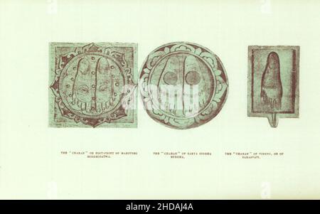 Lithographie antique du Népal du 19th siècle: Le 'Charan' ou empreinte de pied de Manjusri Boddhisatwa.Le 'Charan' du Bouddha Sakya Singha.Le 'Charan' de vis Banque D'Images