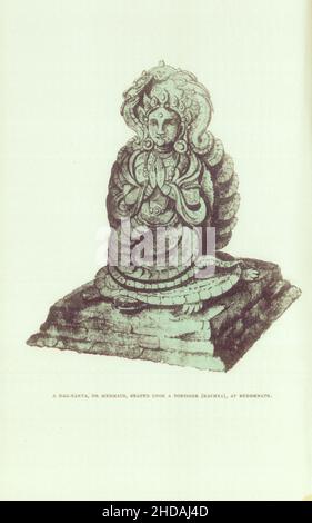 Lithographie antique du Népal du 19th siècle: Un Nag-Kanya, ou Mermaid, assis sur une tortue (Kachya), à Buddhnath.1880 Banque D'Images