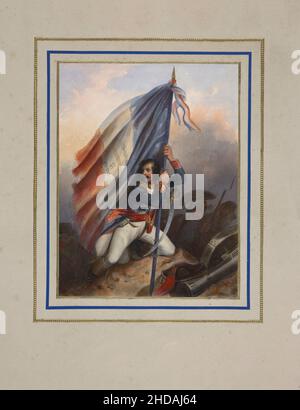 Lithographie de couleur vintage de la Révolution française : les Alpes, la redoute du petit Saint-Bernard, officier révolutionnaire avec la bannière de la première réputation française Banque D'Images