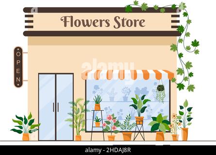 Magasin de fleurs et magasin de plantes avec Florists Care, produits naturels biologiques pour la maison jardin Décoration verte en fond plat Vector Illustration Illustration de Vecteur