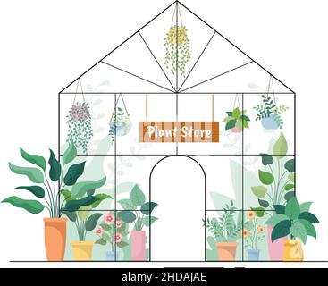 Magasin de fleurs et magasin de plantes avec Florists Care, produits naturels biologiques pour la maison jardin Décoration verte en fond plat Vector Illustration Illustration de Vecteur