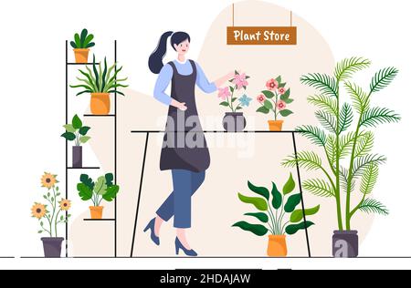 Magasin de fleurs et magasin de plantes avec Florists Care, produits naturels biologiques pour la maison jardin Décoration verte en fond plat Vector Illustration Illustration de Vecteur