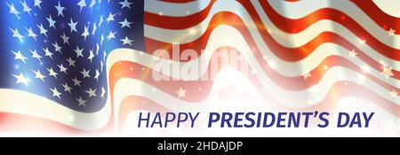 Happy Presidents Day avec drapeau et étoiles sur fond de ciel. Illustration vectorielle d'un drapeau agitant pour la journée des présidents aux États-Unis. Design de vacances à vendre Illustration de Vecteur