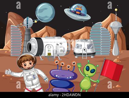 Illustration de l'astronaute et des étrangers sur la planète Illustration de Vecteur